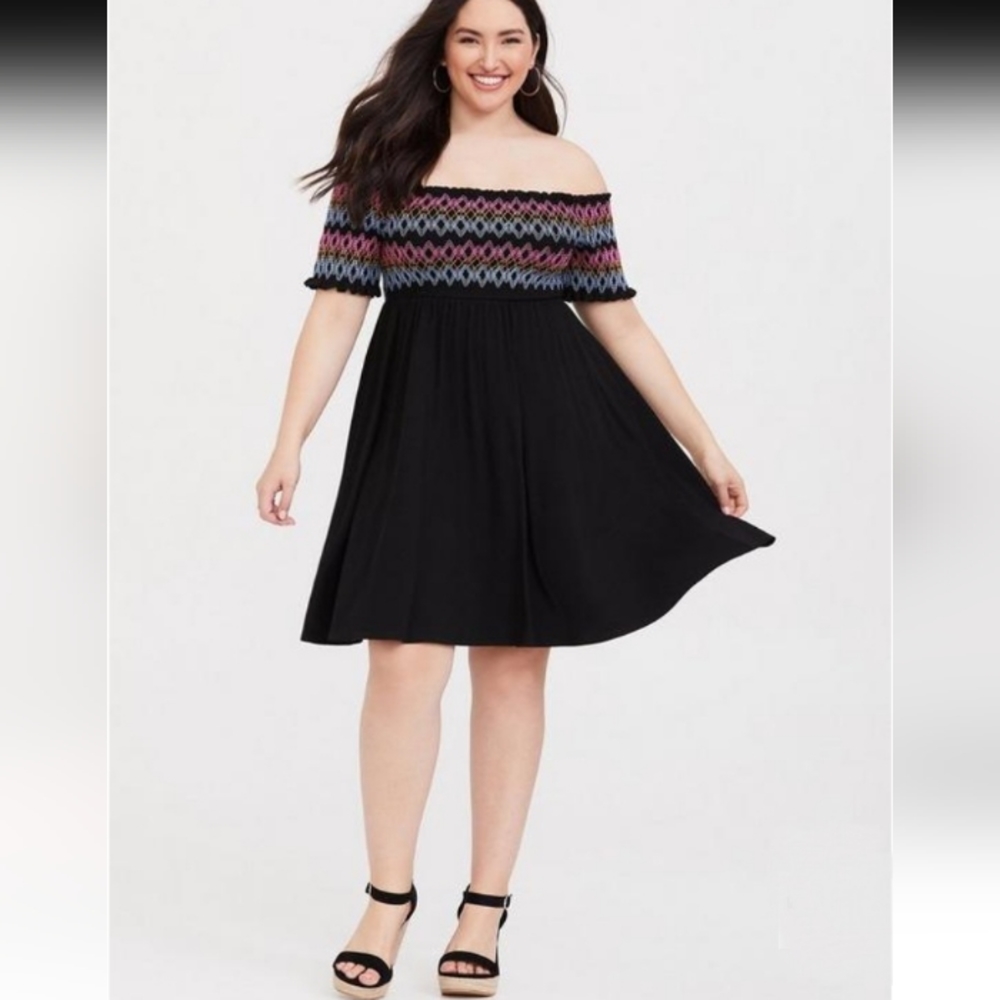 Torrid Embroidered Jersey Off Shoulder Skater Dress